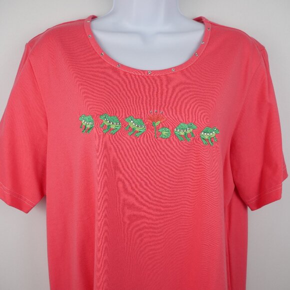 Quacker Factory Shorts Shirt SET Womens Medium Coral Embroidered 100% Cotton - Picture 8 of 16